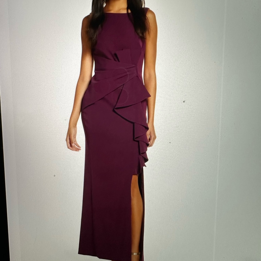 Eliza J Ruffle front sleeveless long dress gown size 12 Wine color.